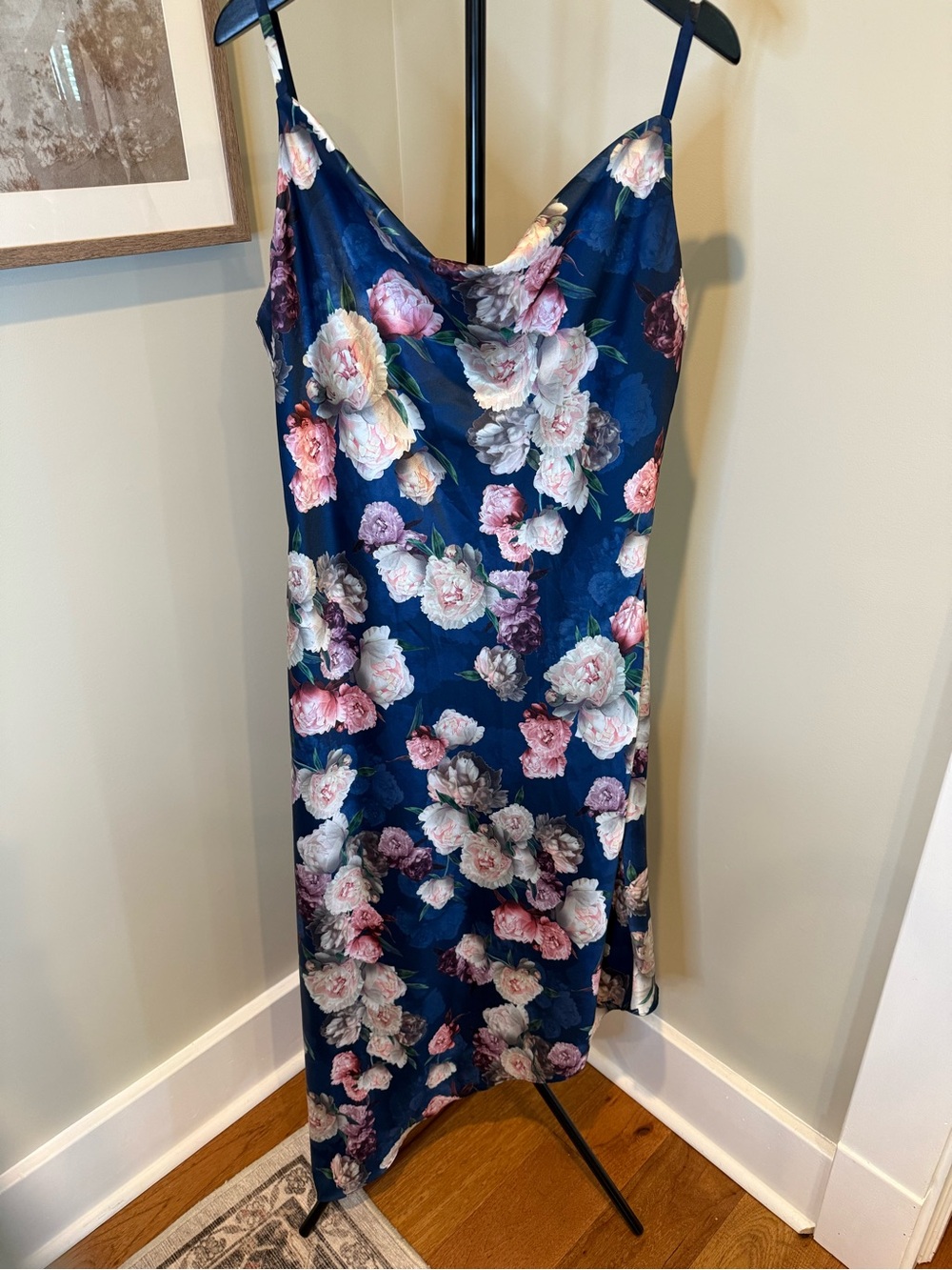 Chi Chi London Floral Satin Midi Dress Navy Pink Peony Wedding Guest Size 10